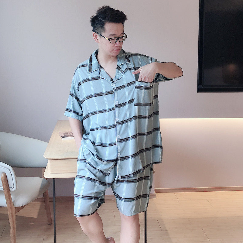 大码200斤夏男士棉绸透气格子睡衣 贝慕雪睡衣/家居服套装