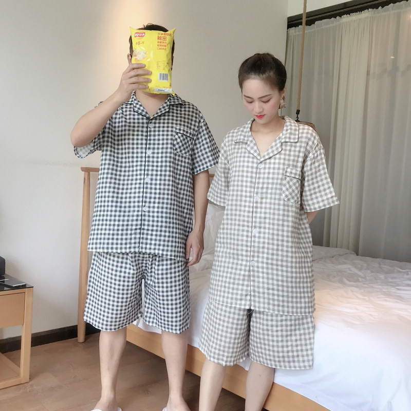 男士夏季短袖短裤日系格子全棉睡衣 贝慕雪睡衣/家居服套装