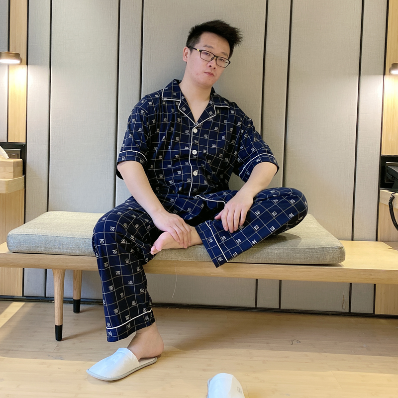 加肥加大肥佬纯棉格子短袖长裤透气 贝慕雪睡衣/家居服套装