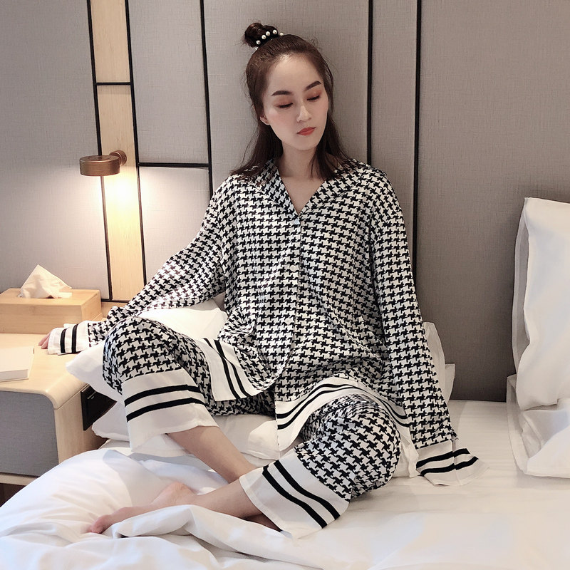 ins潮网红冰丝千鸟格加大码睡衣 贝慕雪睡衣/家居服套装