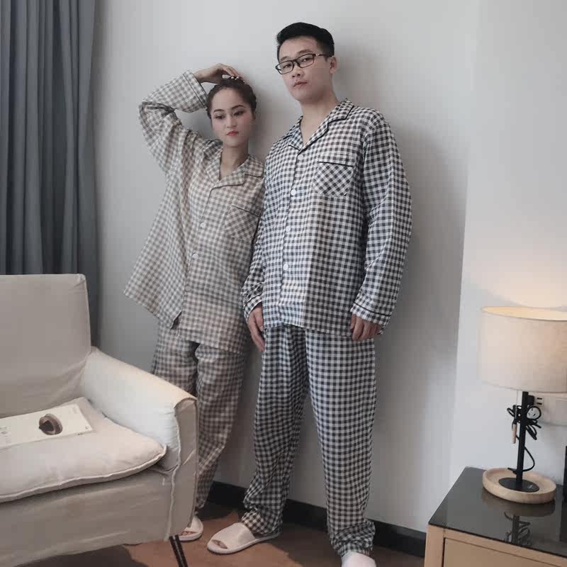 夏季纯棉长袖情侣格子棉纱纱布睡衣 贝慕雪睡衣/家居服套装