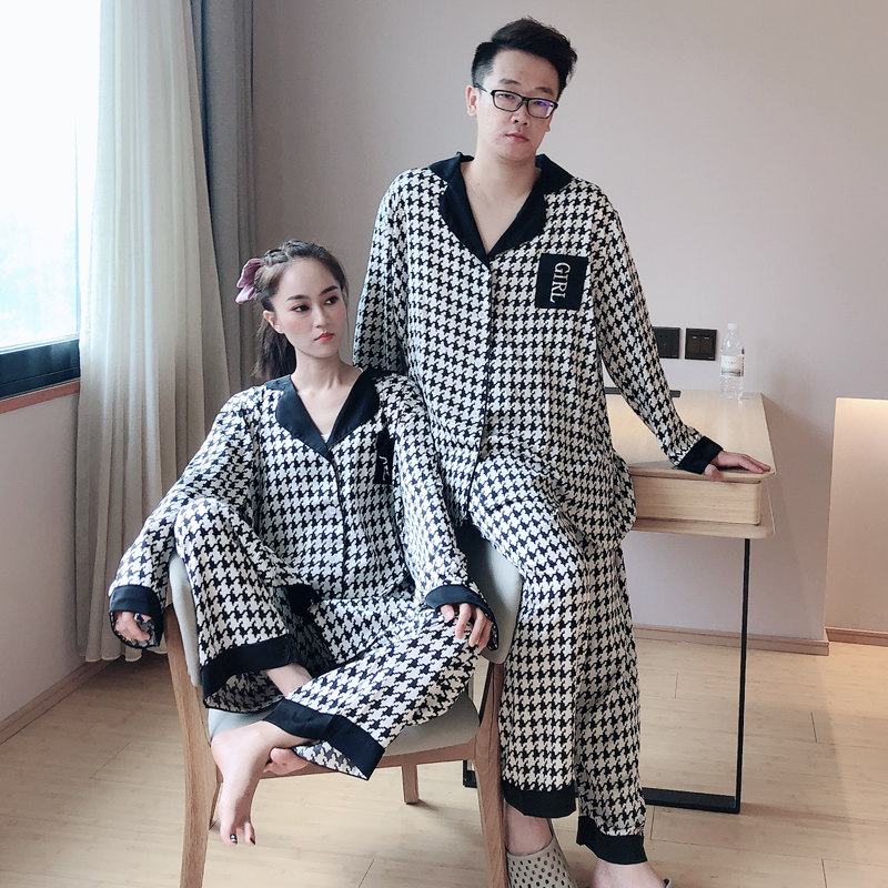 千鸟格ins潮情侣冰丝春秋长袖睡衣 贝慕雪睡衣/家居服套装