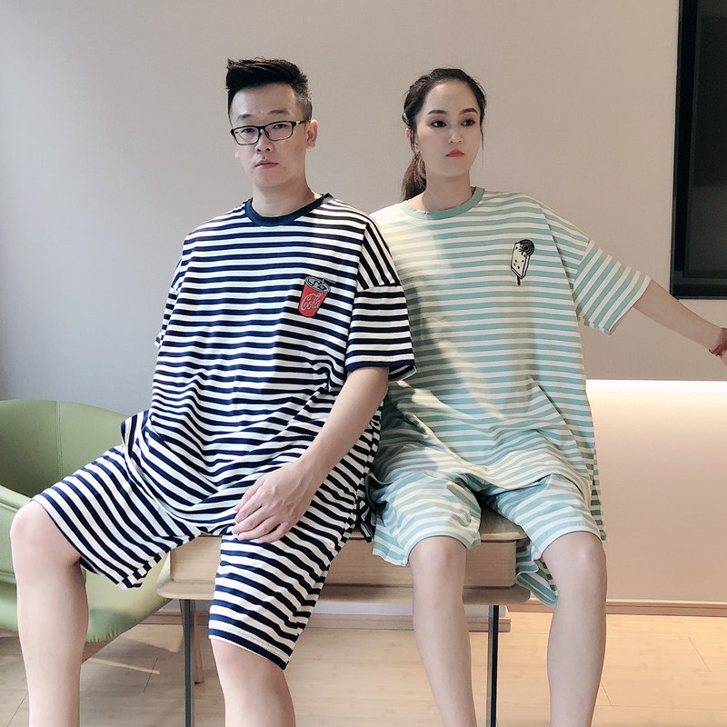 情侣男休闲纯棉加肥大码条纹睡衣 贝慕雪睡衣/家居服套装