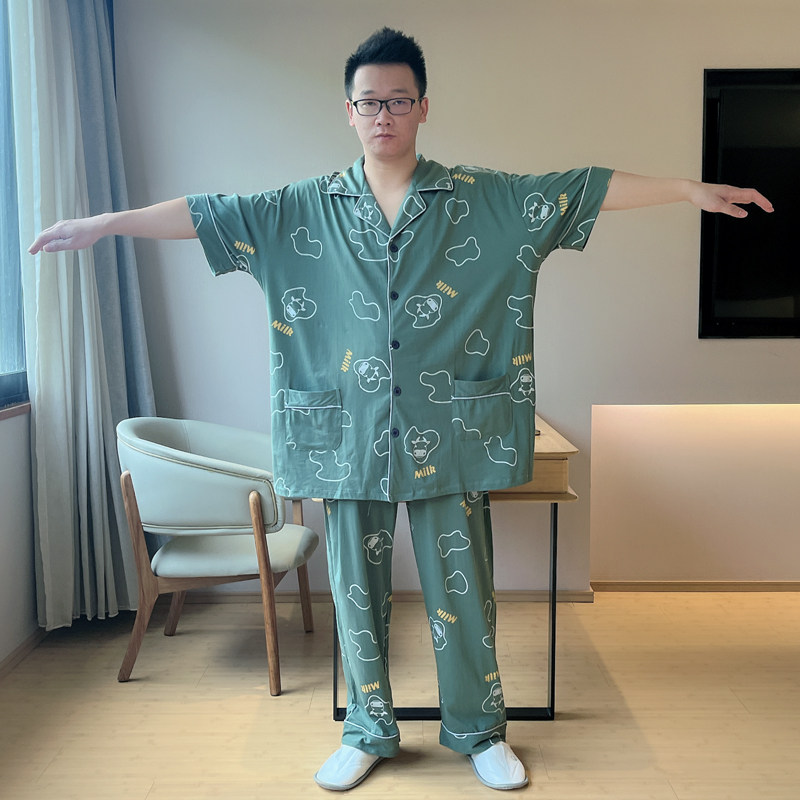 夏季纯棉短袖长裤男士睡衣开衫薄款青少年胖子卡通家居服大码套装,淘宝优惠券,粉丝福利购,淘宝优惠卷