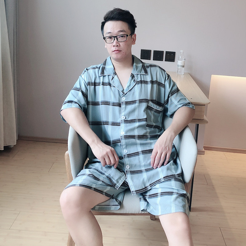 大码200斤夏男士棉绸透气格子睡衣 贝慕雪睡衣/家居服套装