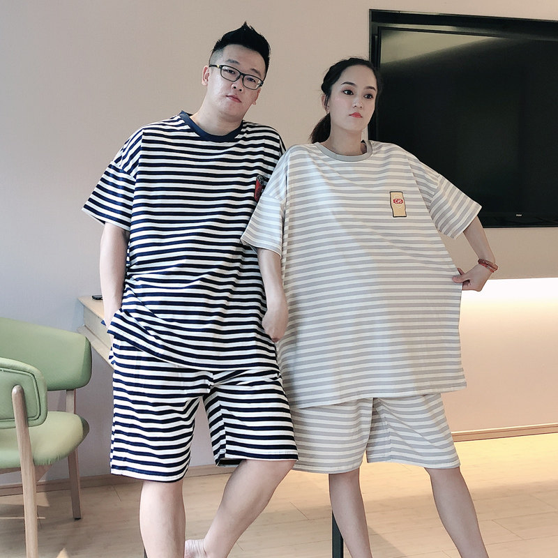 情侣男休闲纯棉加肥大码条纹睡衣 贝慕雪睡衣/家居服套装