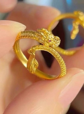 足银S999神龙摆尾转乾坤戒指女黄金色灵动摇摆龙尾龙鳞盘龙戒指