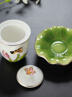 佛前供佛莲花水杯陶瓷水杯净水杯白瓷彩绘观音菩萨水杯荷花杯子