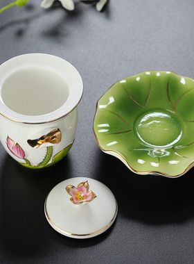 佛前供佛杯莲花水杯陶瓷莲花水杯净水杯白瓷彩绘荷花杯子