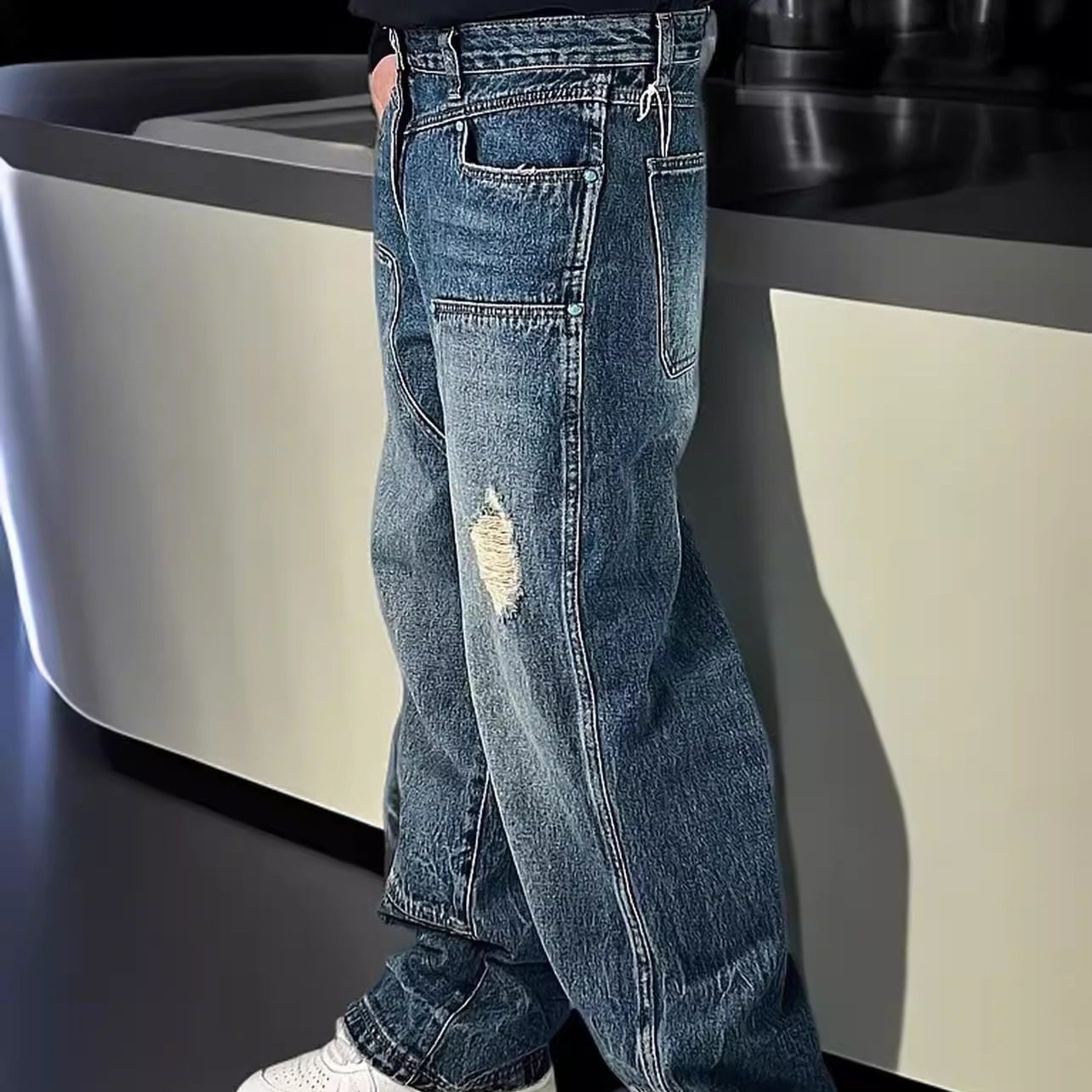 美式休闲拼接牛仔裤男宽松直筒刮烂复古长裤2026新款破洞弯刀裤子,淘宝优惠券,粉丝福利购,淘宝优惠卷