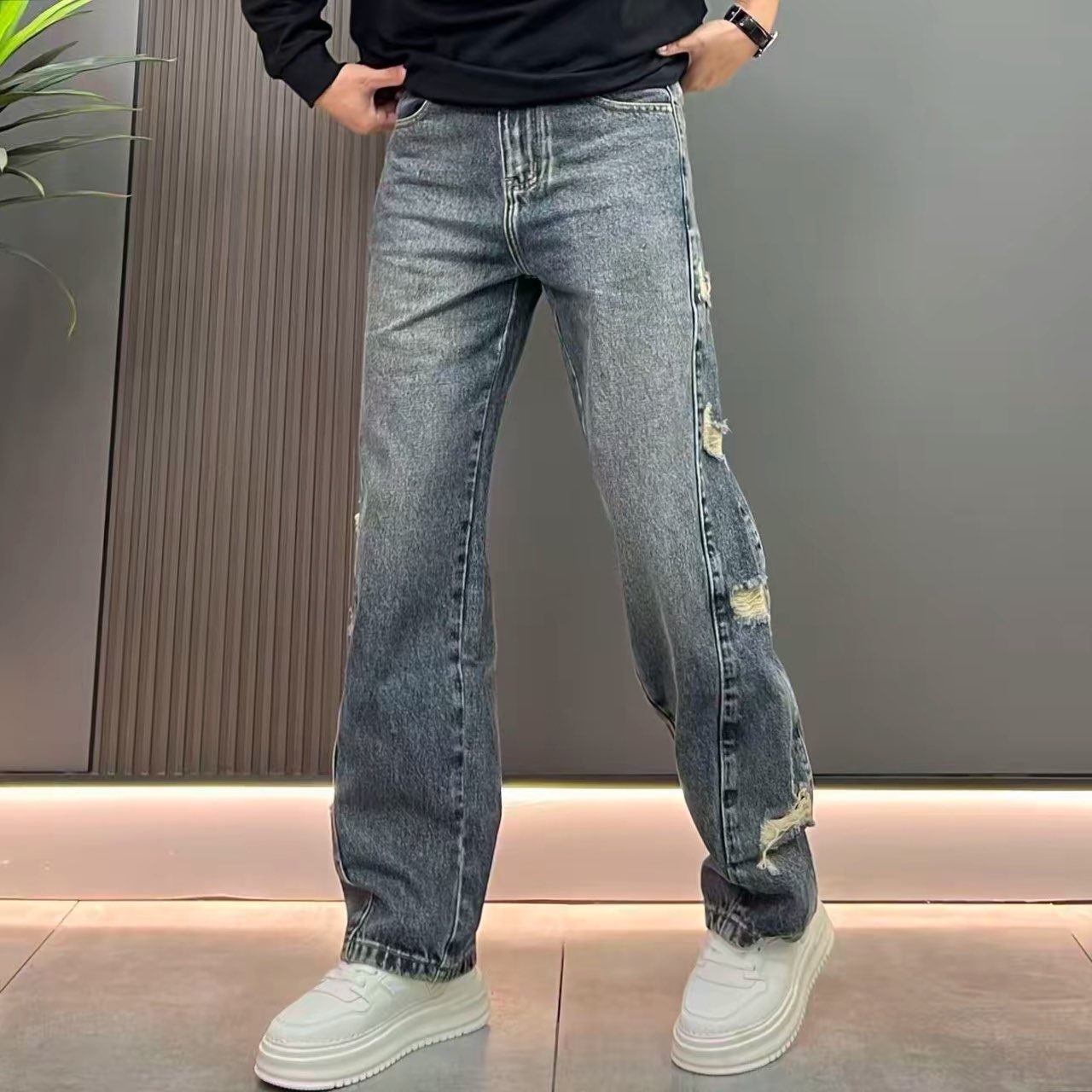 设计款假破洞牛仔裤男宽松潮牌拼接做旧直筒长裤水洗美式休闲裤子,淘宝优惠券,粉丝福利购,淘宝优惠卷