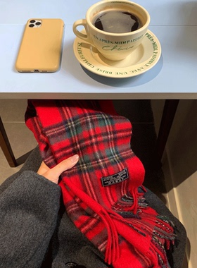 氛围感红色纯羊毛保暖格子围巾
