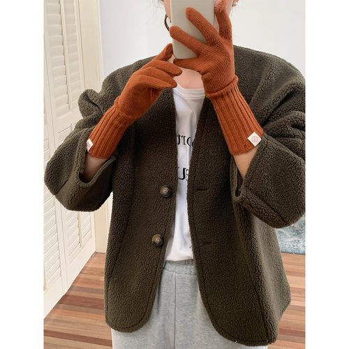 定制款~冬季长款蓝色针织手套女复古五指骑行防寒保暖可触屏手套 - 图1