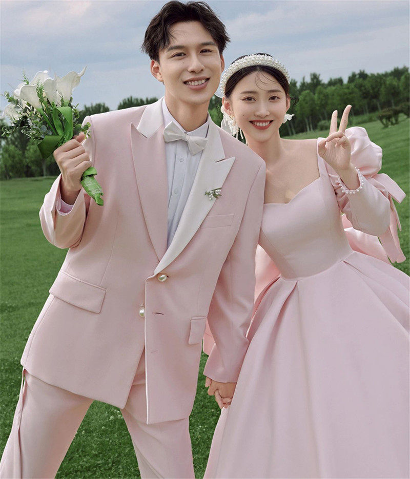 影楼情侣粉色法式蝴蝶结缎面婚纱 耳夲婚纱