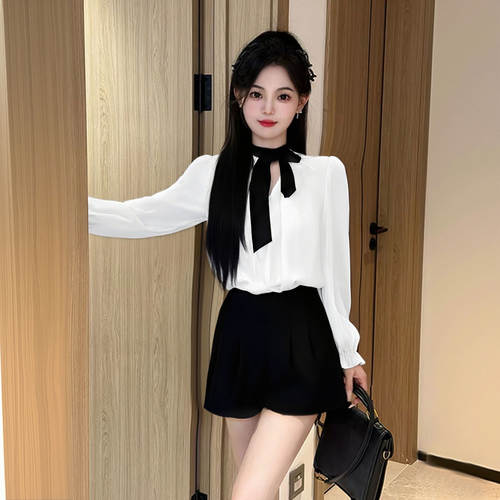 2026春季新款女黑白衬衫气质显瘦长袖上衣裤子套装两件套D3276 - 图2