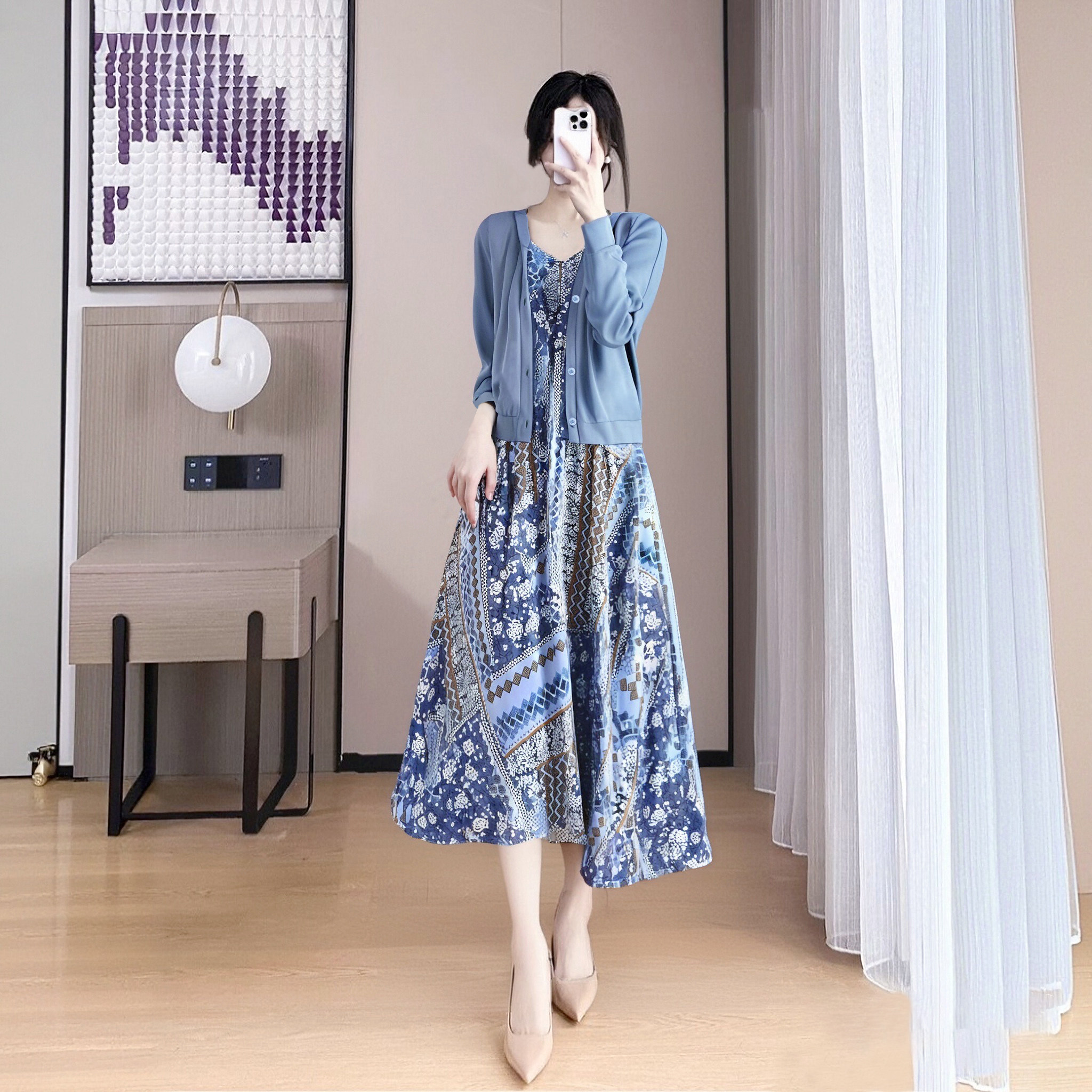 高级感超好看法式绝美蓝色开衫碎花吊带显瘦连衣裙套装D0628B,淘宝优惠券,粉丝福利购,淘宝优惠卷