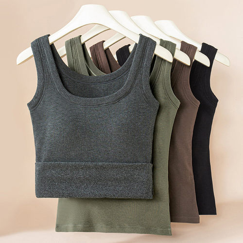 秋冬加肥加大码女磨毛加薄绒吊带背心带胸垫一体式免文胸保暖内衣 - 图0