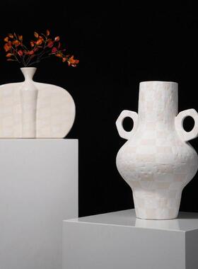 侘寂风花复双耳鎏银白色花家居装饰品民宿日式手工素陶瓷摆件
