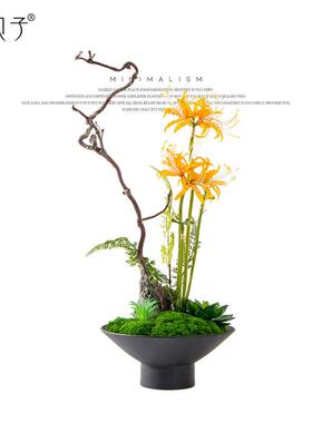 YB中式日式小原流花道插花仿真花绿植永生苔藓茶室茶民宿样板间