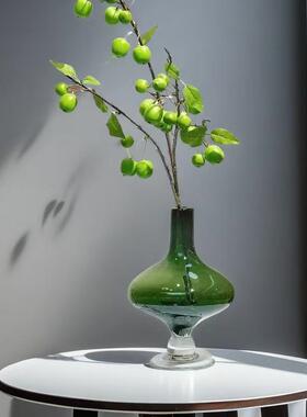 现代绿色玻璃细口高教花器小众设计观音瓶水养琉璃花瓶软装饰摆件