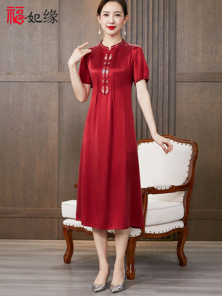 断码促销真丝连衣裙长款2024春季新款红色桑蚕丝纯色年轻款妈妈装