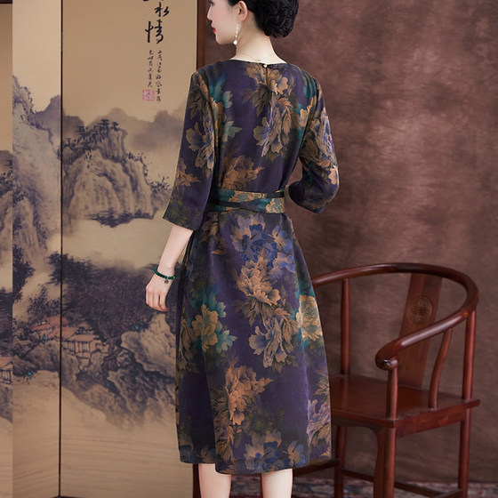 Xiangyunsha 실크 드레스 중간 길이 여성 2023 여름 새로운 스타일 느슨한 레이스 슬리밍 중년 및 노인 어머니복