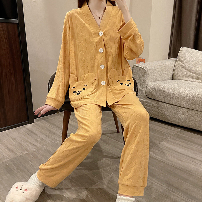 春秋时尚小熊口袋长袖开衫纯棉睡衣 采蝶衣睡衣/家居服套装