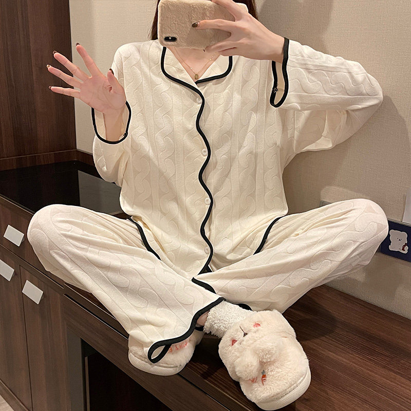 网红纯棉提花春秋学生甜美开衫睡衣 采蝶衣睡衣/家居服套装