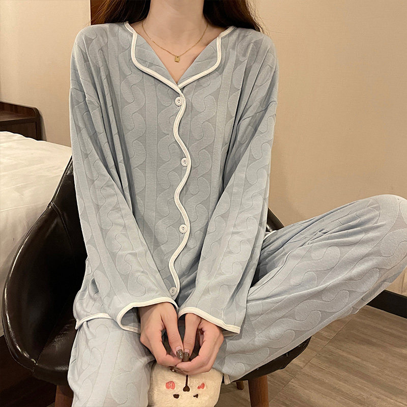 网红纯棉提花春秋学生甜美开衫睡衣 采蝶衣睡衣/家居服套装