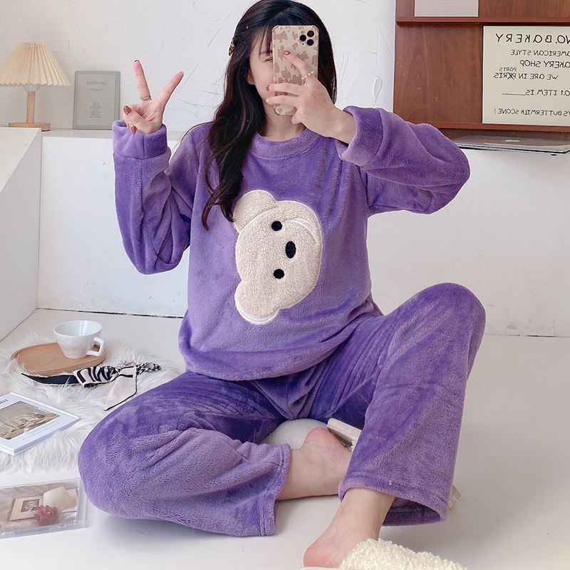 胖mm秋冬季清新可爱居家珊瑚绒睡衣 采蝶衣睡衣/家居服套装