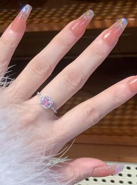 新款爆闪粉钻小方糖戒指女轻奢高级感单钻饰品尾戒开口食指环送礼