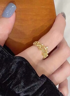 皇冠法式金色小碎钻戒指女轻奢ins指环小众设计锆石可调节食指戒