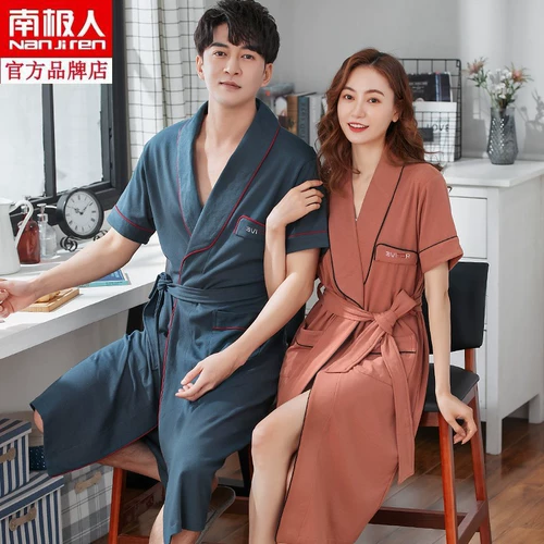 Тонкий хлопковый летний банный халат для влюбленных, длинная пижама, короткий рукав, большой размер