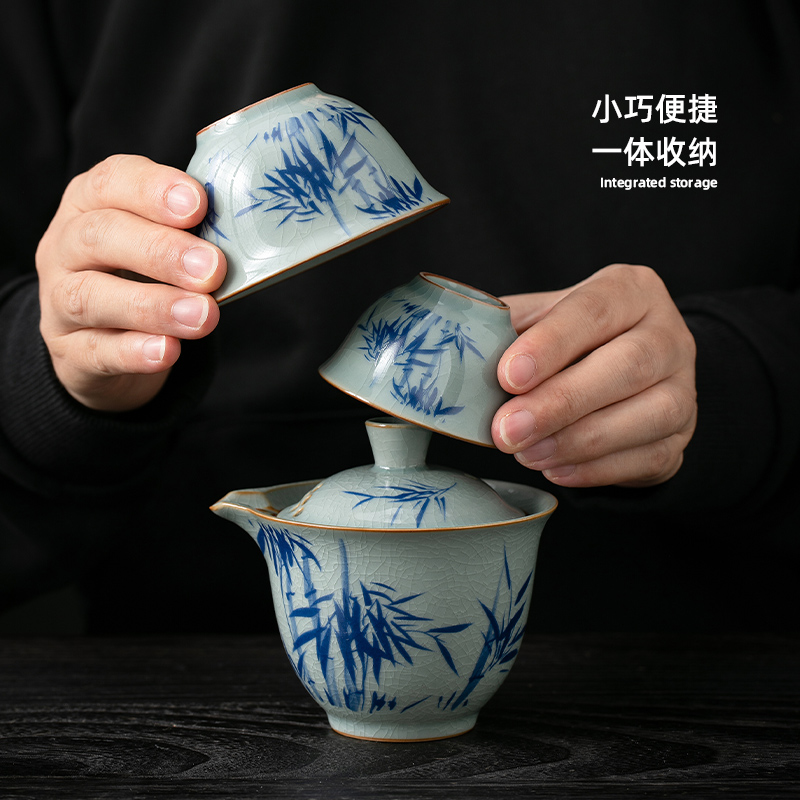 便携式旅行茶具套装手抓泡茶壶茶杯青花瓷户外简易露营汝窑快客杯 - 图1