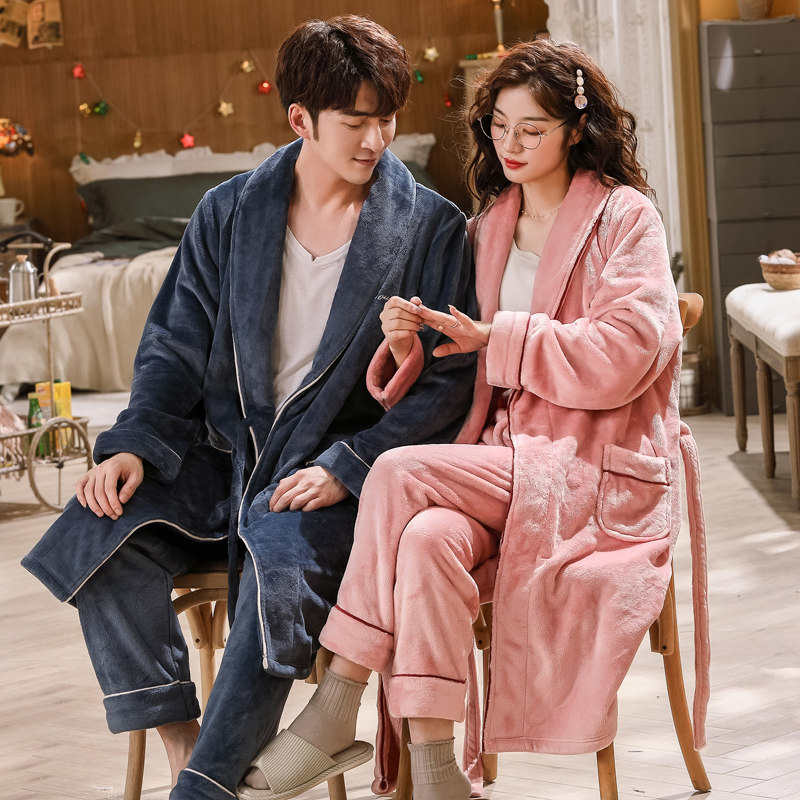 冬长款情侣男士珊瑚绒加绒浴袍睡袍 沐子萌睡衣/家居服套装