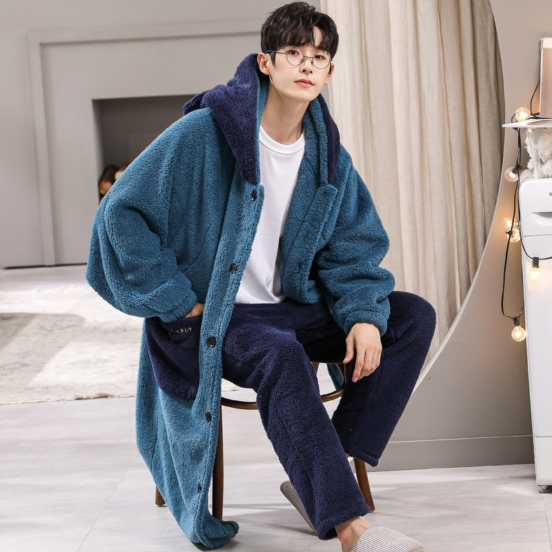 秋冬季珊瑚绒加绒加长款男士睡袍 沐子萌睡袍/浴袍