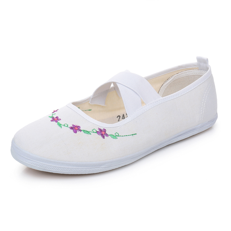 女绣花帆布休闲鞋幼儿园舞蹈表演鞋防滑耐磨松紧小白鞋软底开车鞋 - 图3