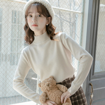 Teenage Girl White Semi-High Collar Knit Sweater Woman Autumn Winter 2023 New Thickened Suede Hitch Undershirt Little Guy