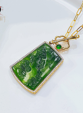 衣锦媚行s925镀金翡翠山水牌吊坠