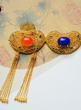 衣锦媚 925银镀金镶玛瑙玛瑙镶嵌项链吊坠青金流苏香囊女新中式