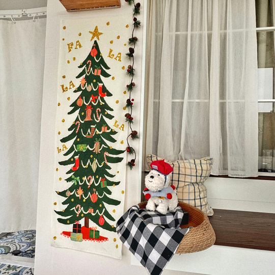马吉吉自制 新款圣诞树背景布圣诞节咖啡店竖版长条装饰挂布定制