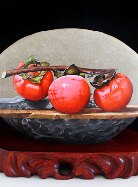 柿柿事事如意纯手工绘画水果静物石头画摆件家居书房艺术装饰礼物