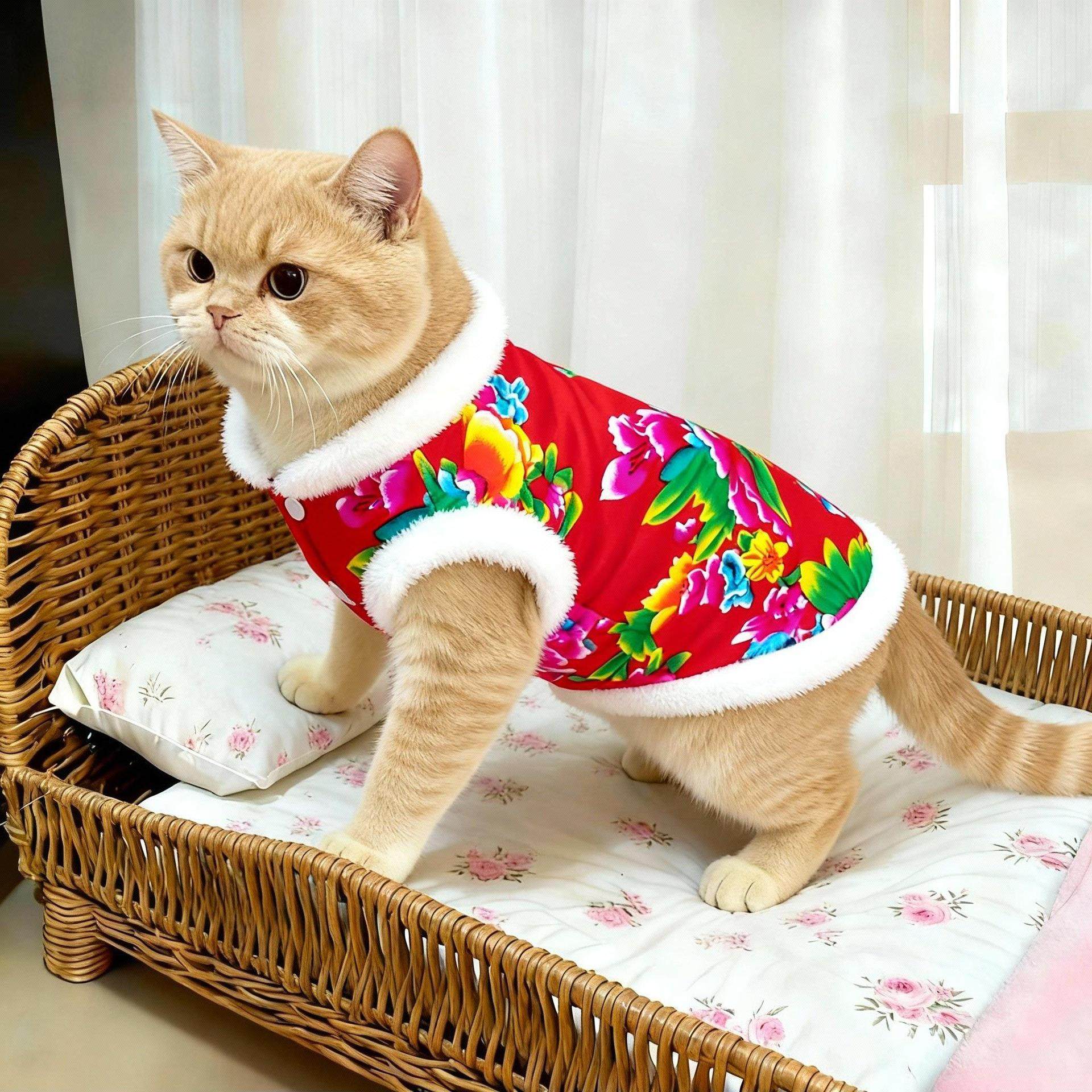 秋冬款东北大花猫咪棉袄毛绒领口宠物服装新年唐装保暖狗狗衣服,淘宝优惠券,粉丝福利购,淘宝优惠卷