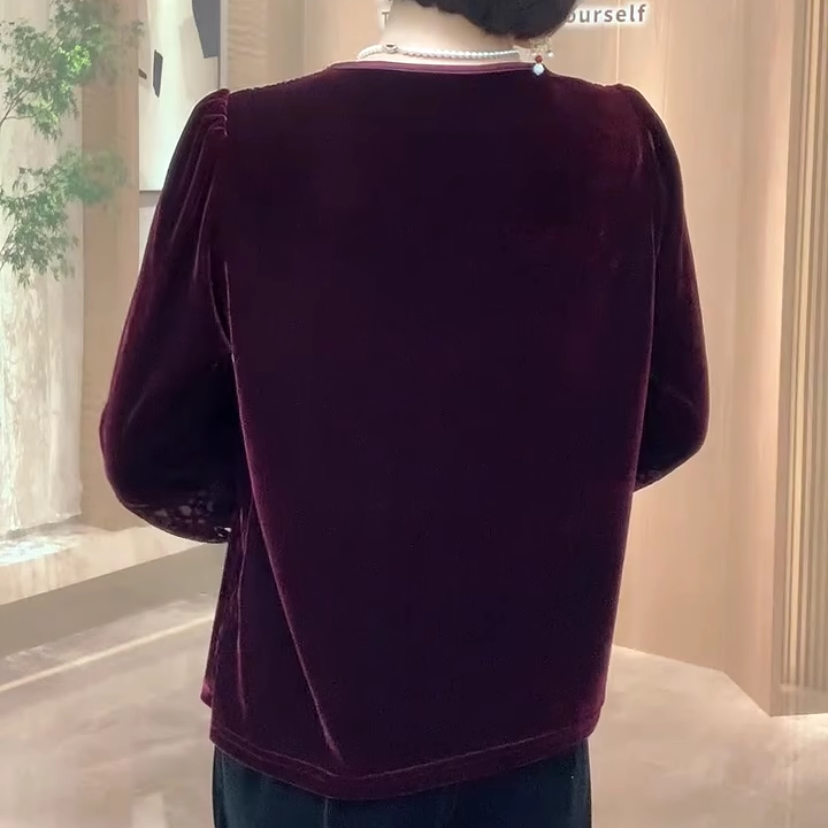 镂空烫钻滴水领金丝绒上衣女秋季宽松遮肉小衫时尚减龄中老年女装,淘宝优惠券,粉丝福利购,淘宝优惠卷