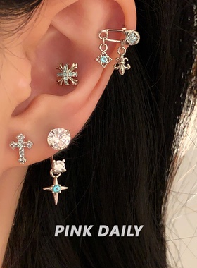 Pink Daily帕绿色锆石十字架耳钉女甜酷双耳洞精致吊坠耳骨钉耳饰