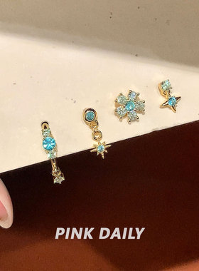 Pink Daily帕绿色锆石高级感钛钢耳钉女爆闪甜酷独特耳骨钉耳饰