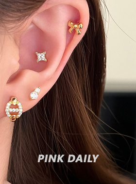 Pink Daily金色满钻猪鼻子直针钛钢耳环女时尚高级感耳圈耳扣耳饰
