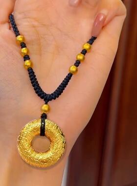 实心立体浮雕百福平安扣黑绳项链