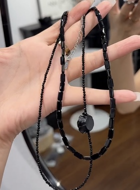 黑色玫瑰花串珠双层项链