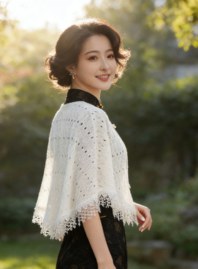 白色新中式春夏蕾丝流苏披肩旗袍